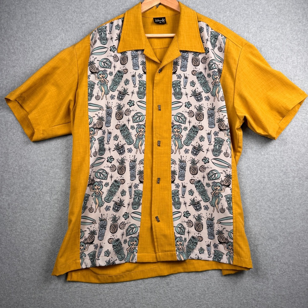 Steady Clothing Shirt Mens 2XL Gold Tiki Hula Graphic Retro Button Rockabilly